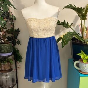 My Michelle Cream & Blue Strapless Lace Dress